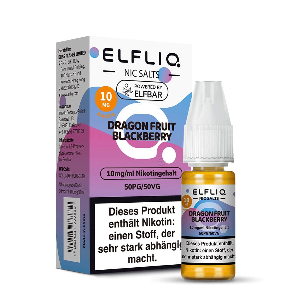 Elfbar ELFLIQ Dragon Fruit Blackberry Verpackung und Flasche 10mg 10ml