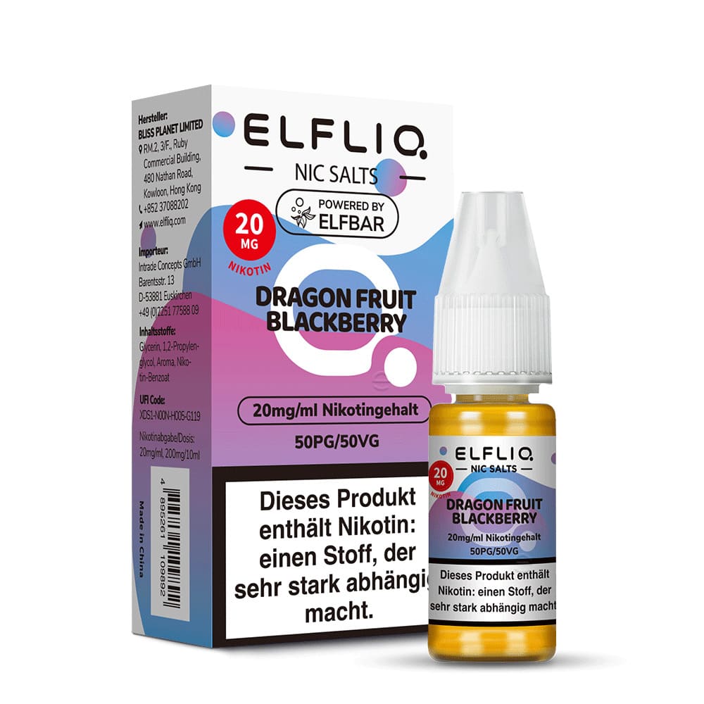 Elfbar ELFLIQ Dragon Fruit Blackberry Verpackung und Flasche 20mg 10ml